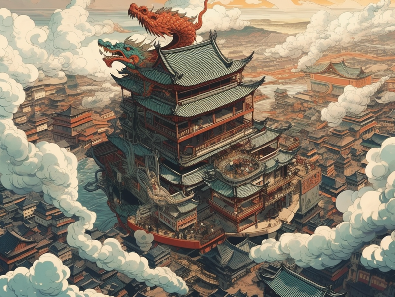 敦煌古城月牙泉鸣沙山祥云白云环绕的古风城市房屋建筑顶上螭吻雕像古风插画,插画/手绘图,插画/手绘图库,插画/手绘图下载,插画/手绘